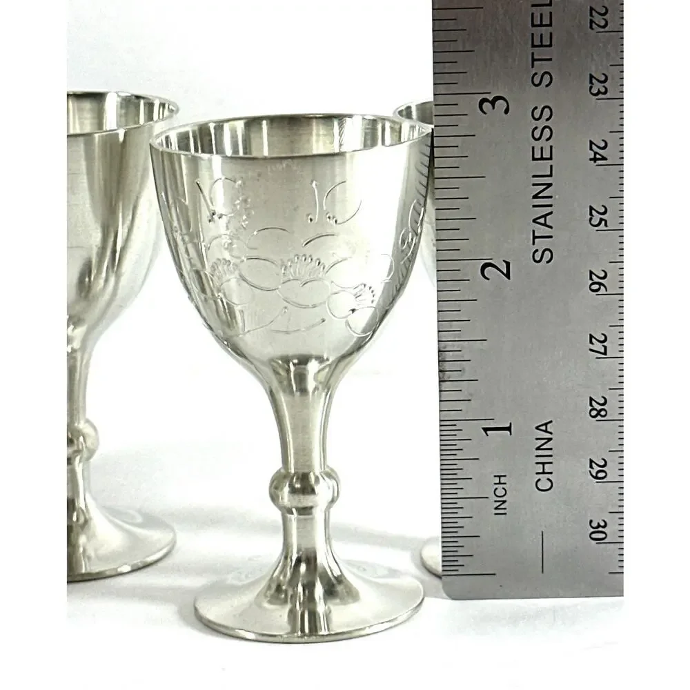 Set of 6 Vintage Stainless Steel Goblets Etched Floral Wine Cups 3” Barware